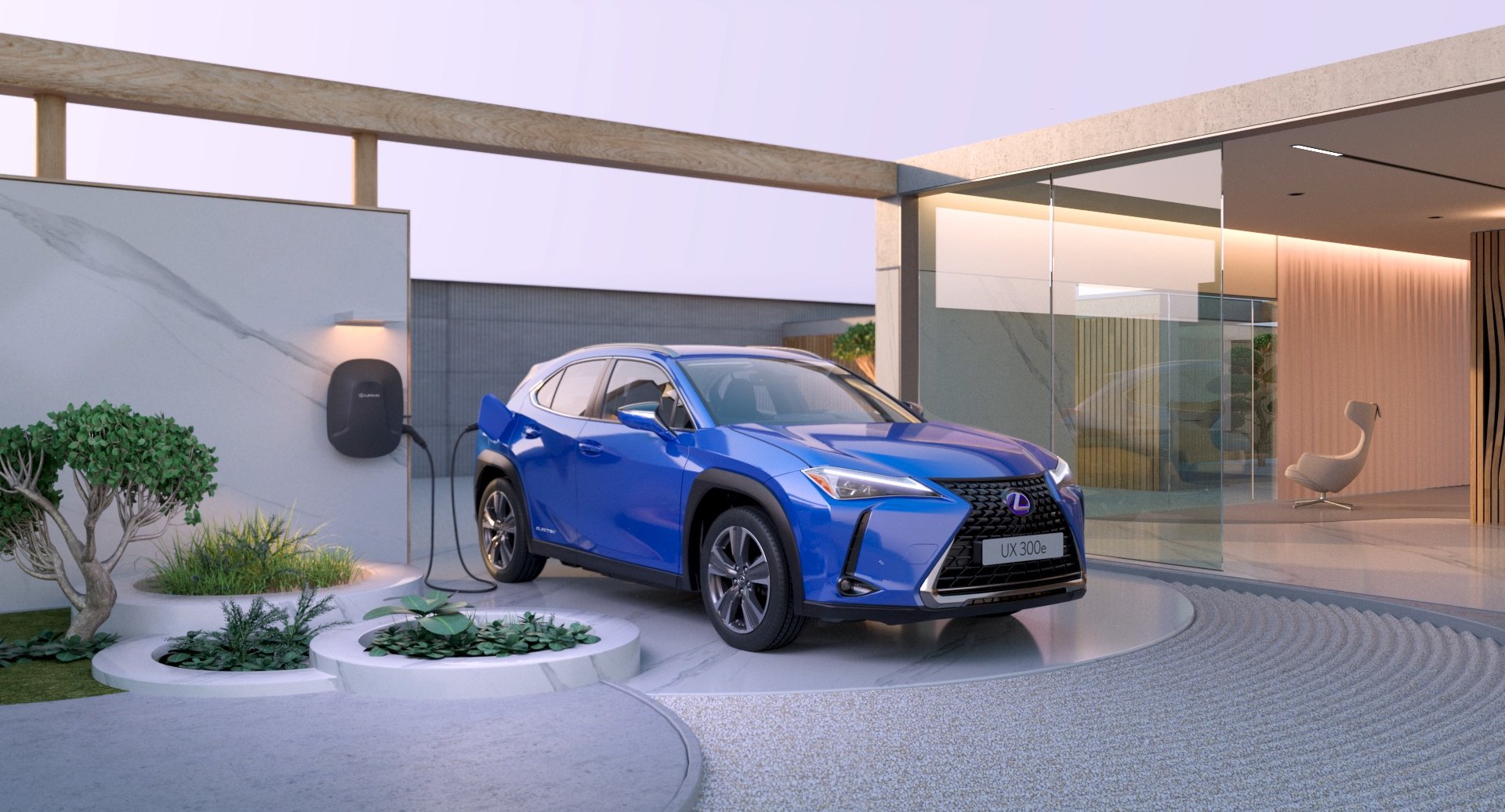 Unikalus visiškai elektrinis „Lexus UX“ įamžintas stilingoje virtualių namų aplinkoje